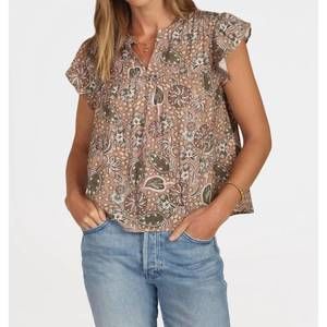 dylan Floral Paisley Ruffle Sleeve Blouse in Taupe and Olive
